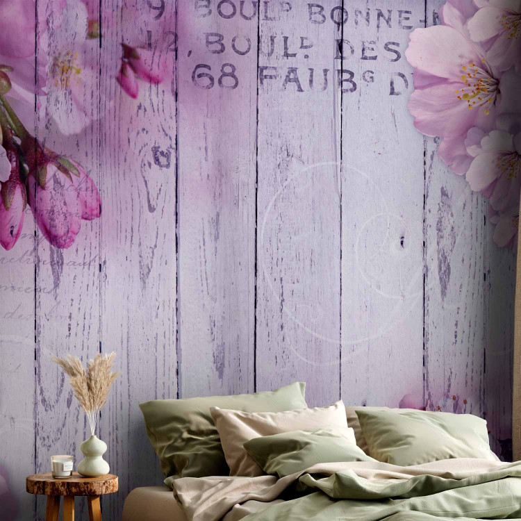 Photo Wallpaper Apple blossoms - violet tones motif on wood textured background 92991 additionalImage 2