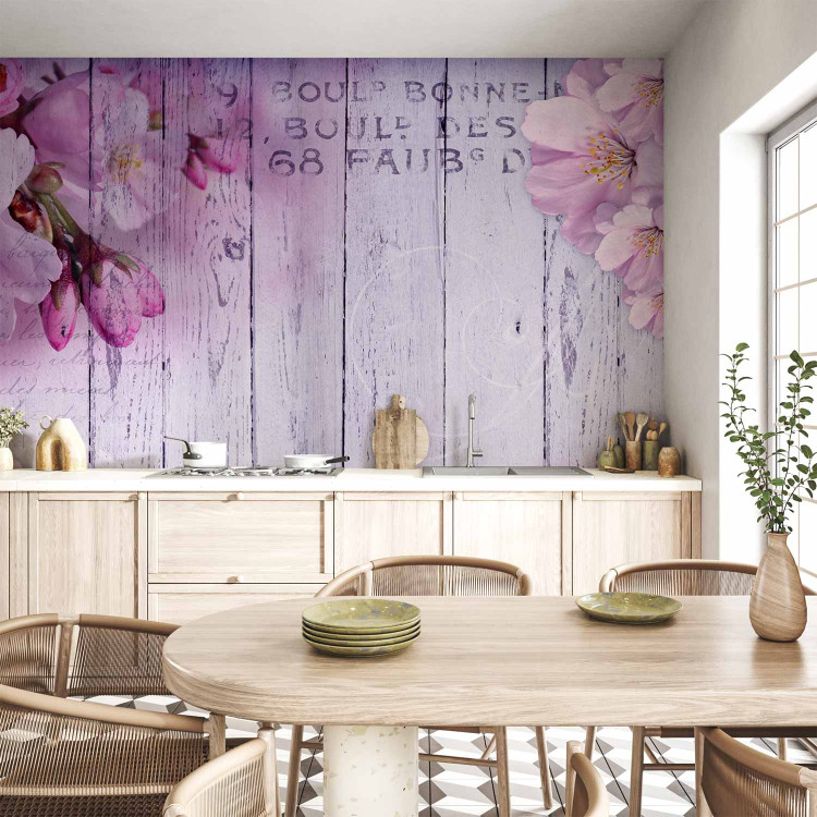 Photo Wallpaper Apple blossoms - violet tones motif on wood textured background 92991 additionalImage 6