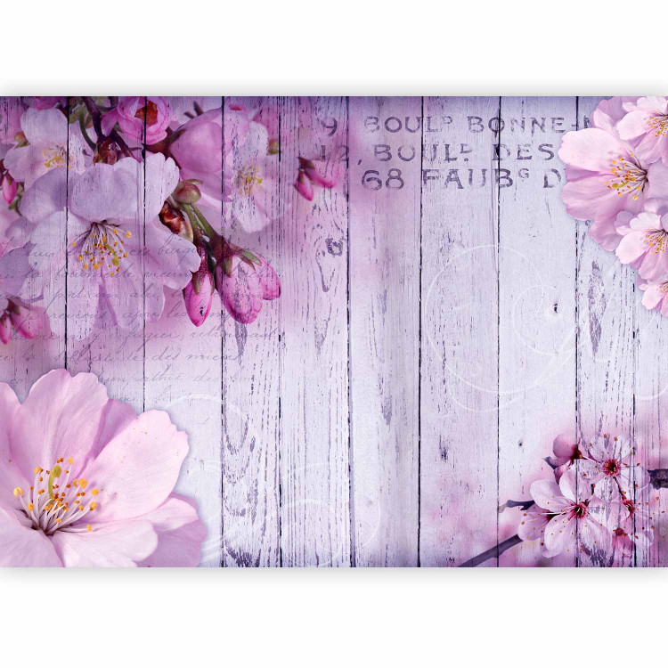 Photo Wallpaper Apple blossoms - violet tones motif on wood textured background 92991 additionalImage 1