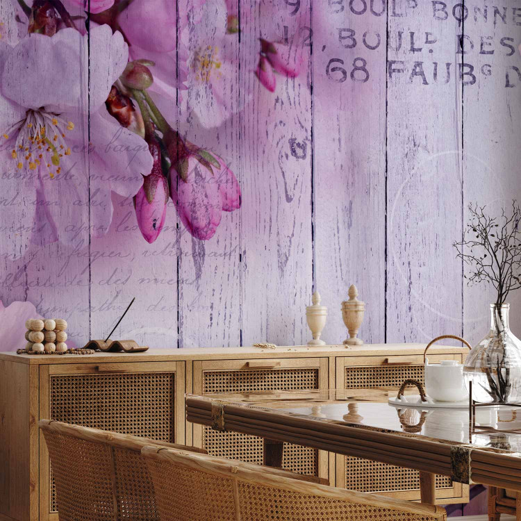 Photo Wallpaper Apple blossoms - violet tones motif on wood textured background 92991 additionalImage 7