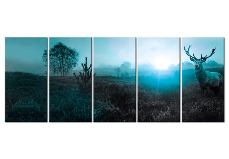 Canvas Print Emerald Deer (5-piece) - Animal Figure and Sun on Fields 106102