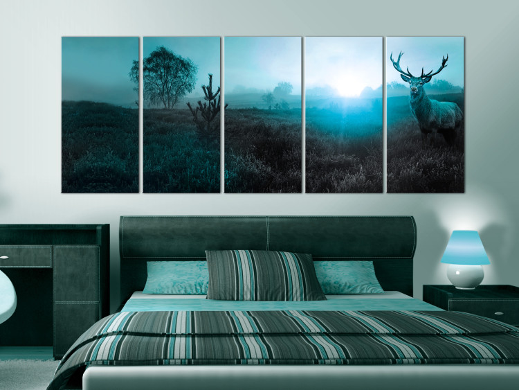Canvas Print Emerald Deer (5-piece) - Animal Figure and Sun on Fields 106102 additionalImage 3