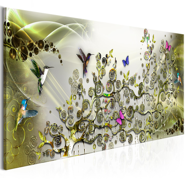 Canvas Print Hummingbird Dance (1-part) Narrow - Animals on Green Abstraction 107802 additionalImage 2