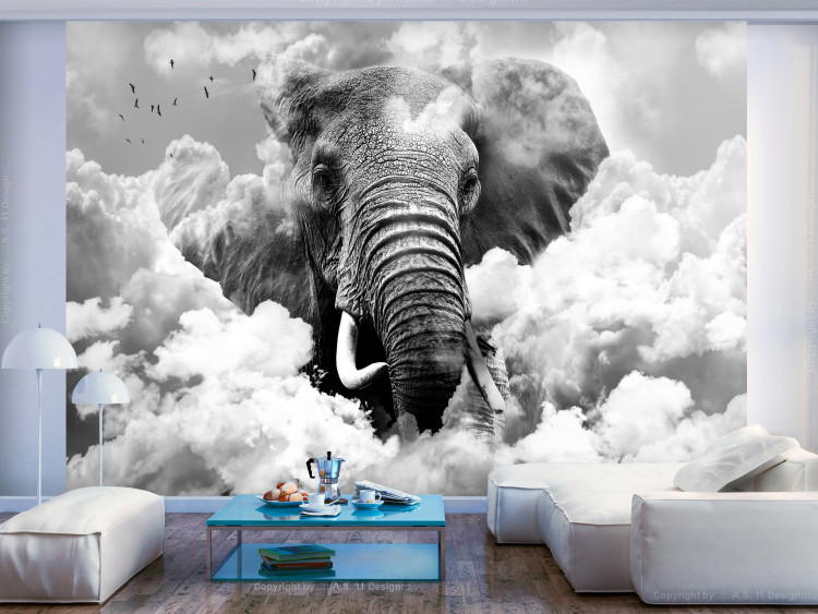 Wall Mural Abstraction with elephant - African elephant in the sky among clouds with birds 108302 additionalImage 2