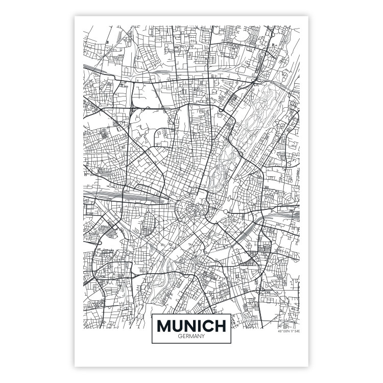 Poster Munich Map - black and white map of the German city on a light background 114402