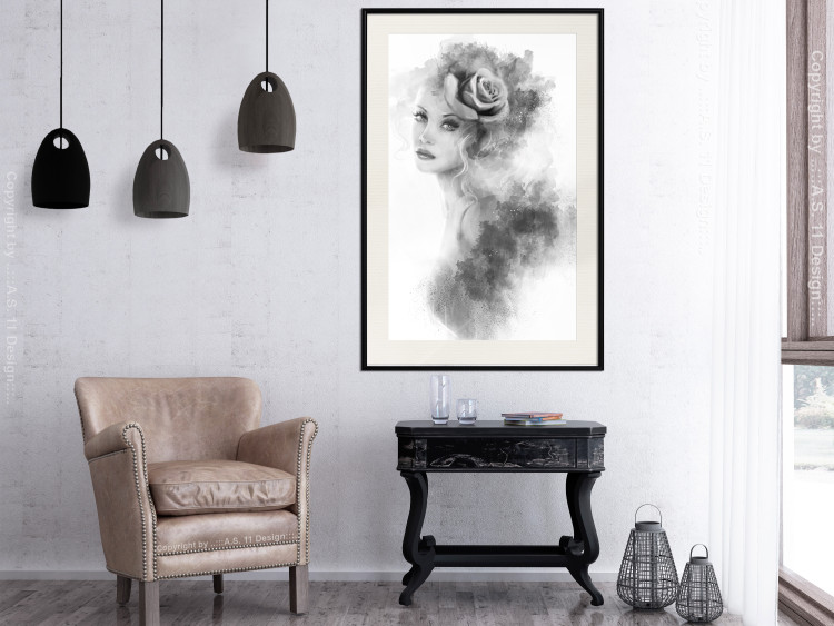 Wall Poster Watercolor portrait - black and white figure of a woman with a rose in her hair 115002 additionalImage 22