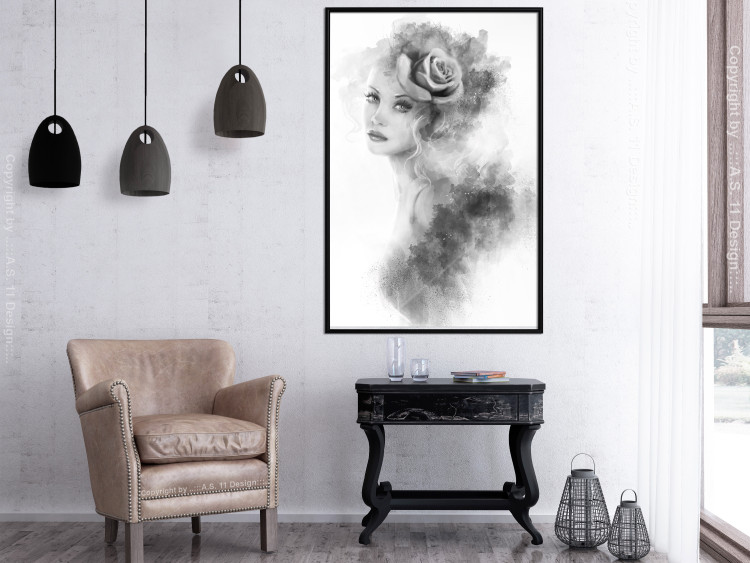 Wall Poster Watercolor portrait - black and white figure of a woman with a rose in her hair 115002 additionalImage 5
