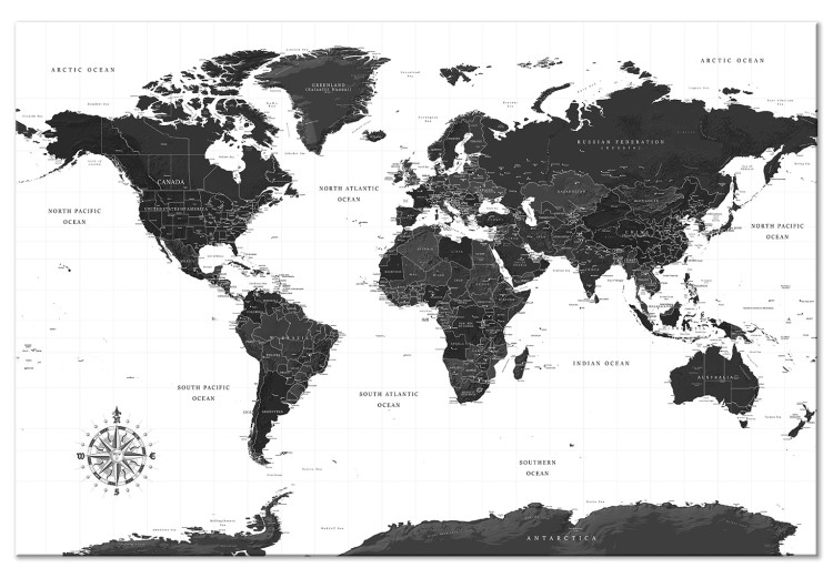 Canvas Art Print Continents' Trail (1-part) - Black and White World Map with Labels 117202