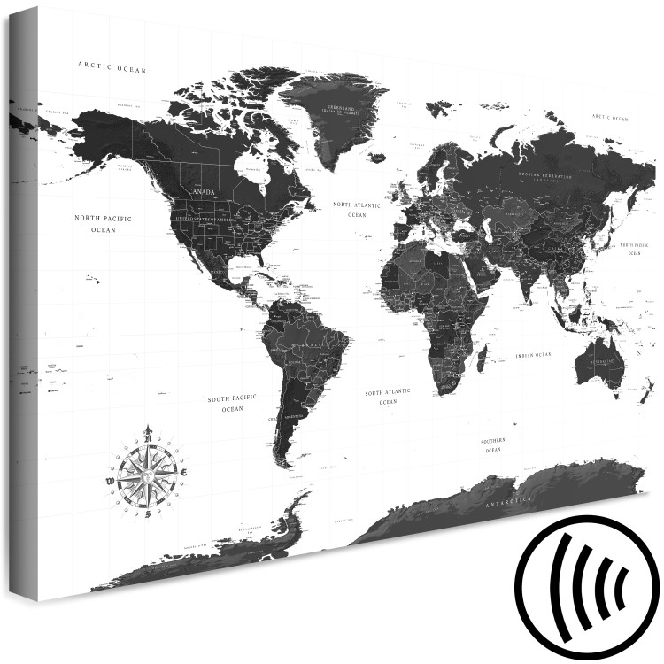 Canvas Art Print Continents' Trail (1-part) - Black and White World Map with Labels 117202 additionalImage 6
