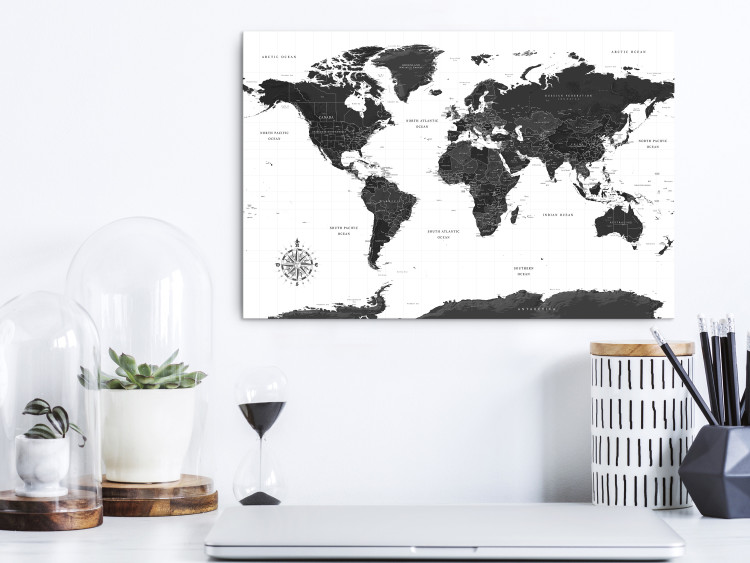 Canvas Art Print Continents' Trail (1-part) - Black and White World Map with Labels 117202 additionalImage 3