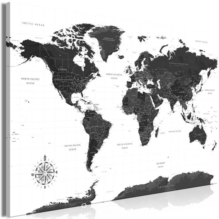 Canvas Art Print Continents' Trail (1-part) - Black and White World Map with Labels 117202 additionalImage 2