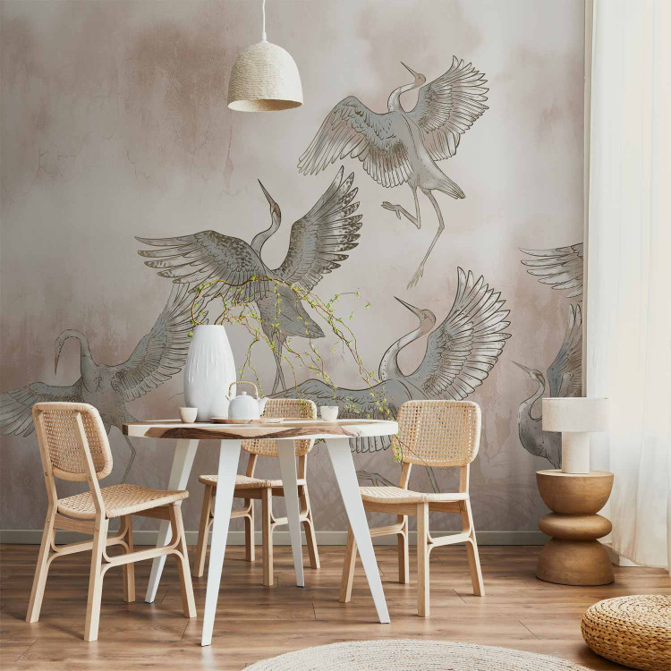 Wall Mural Dancing herons - illustration of birds in dynamic poses on an abstract background in powder pink 138402 additionalImage 6