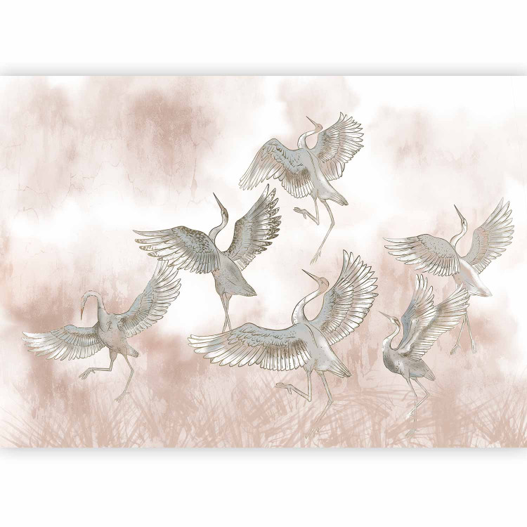 Wall Mural Dancing herons - illustration of birds in dynamic poses on an abstract background in powder pink 138402 additionalImage 1