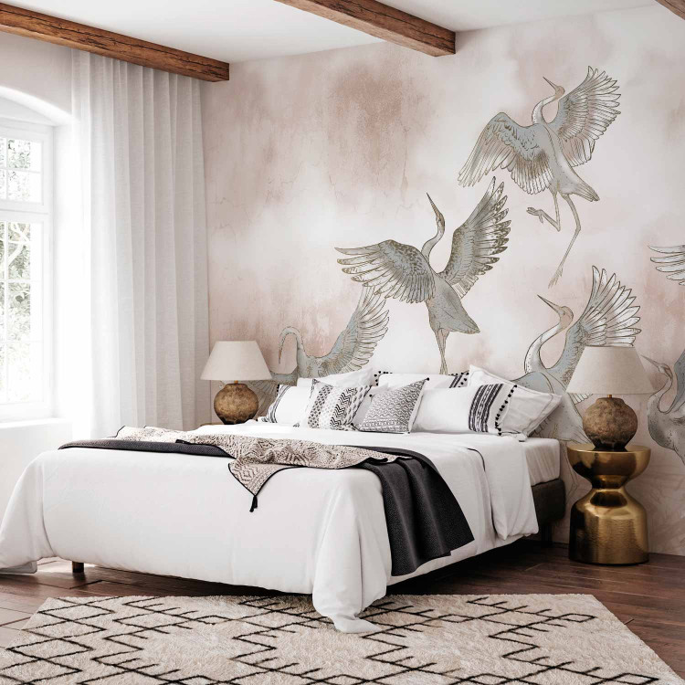 Wall Mural Dancing herons - illustration of birds in dynamic poses on an abstract background in powder pink 138402 additionalImage 2