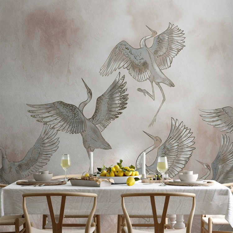 Wall Mural Dancing herons - illustration of birds in dynamic poses on an abstract background in powder pink 138402 additionalImage 4