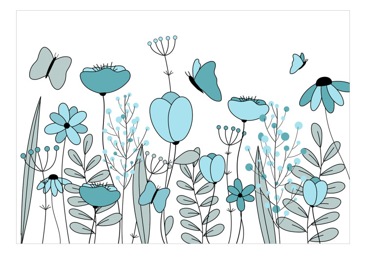 Wall Mural Drawn meadow - graphic linear blue flowers leaves and butterflies 144602 additionalImage 1