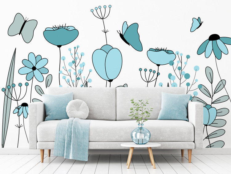 Wall Mural Drawn meadow - graphic linear blue flowers leaves and butterflies 144602
