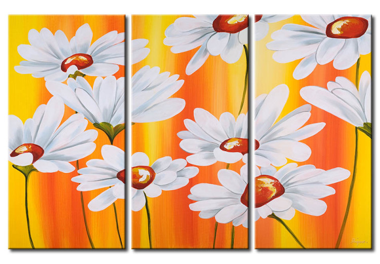 Canvas Art Print Sunny Daisies (3-piece) - White flowers on an orange background 48602