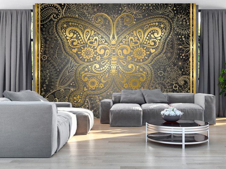 Photo Wallpaper Oriental Design - Butterfly Ornament in Oriental Style on a Black Background 60102