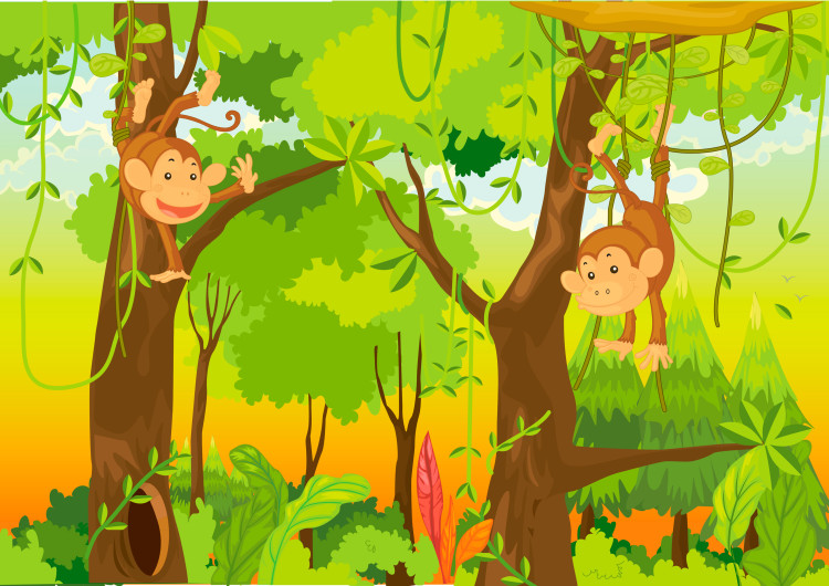 Wall Mural Fairy World - Jungle with monkeys on vines among trees for children 61202