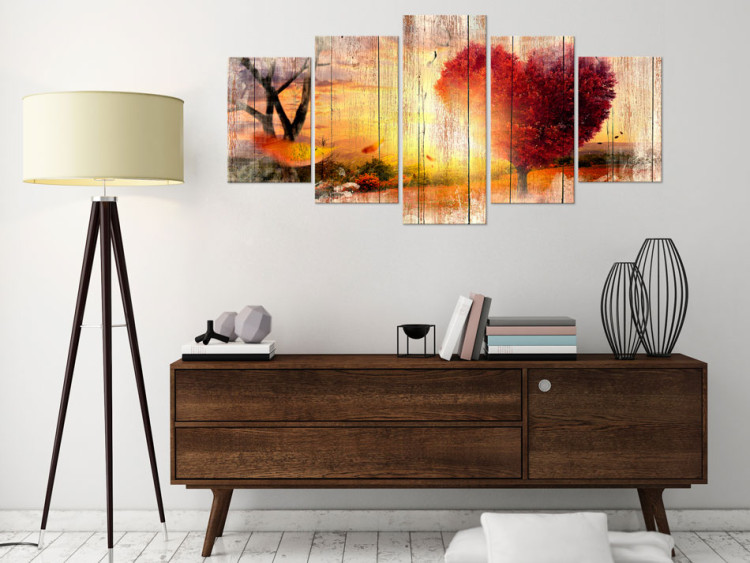 Canvas Autumn Love (5-piece) - Sunlit Meadow and Pink Leaves 93002 additionalImage 3
