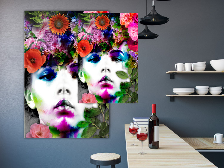Wall Poster May - gray portrait of a female face surrounded by colorful flowers 122312 additionalImage 17