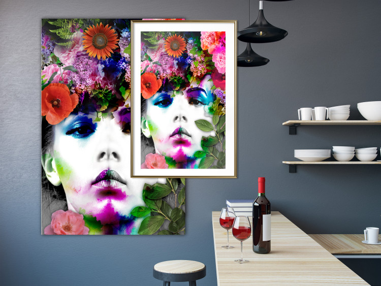 Wall Poster May - gray portrait of a female face surrounded by colorful flowers 122312 additionalImage 13