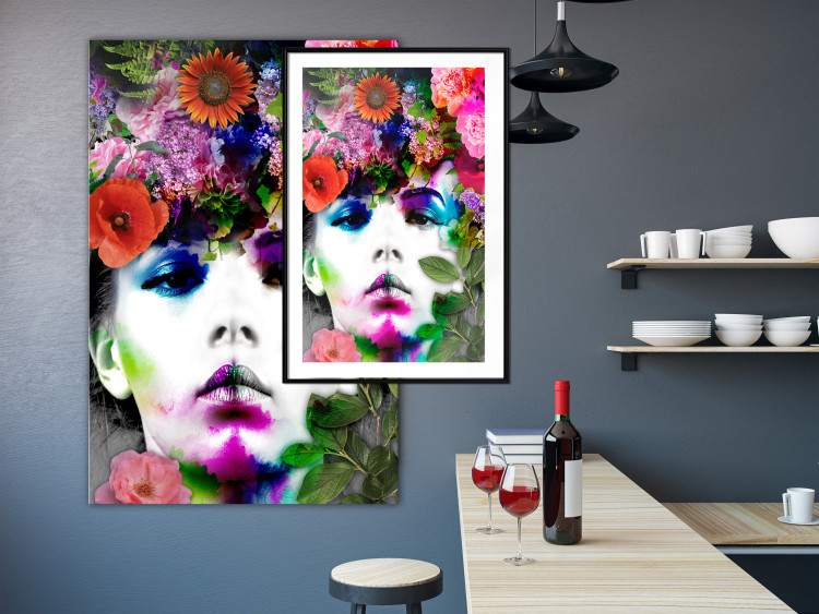 Wall Poster May - gray portrait of a female face surrounded by colorful flowers 122312 additionalImage 4
