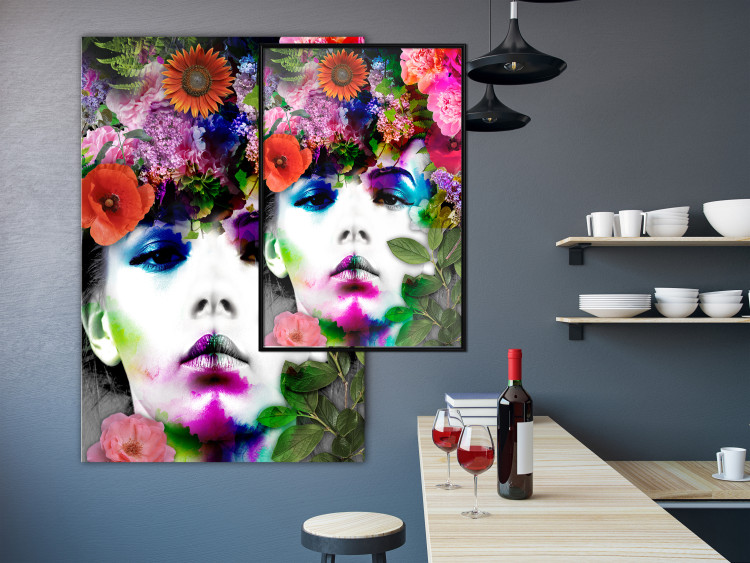 Wall Poster May - gray portrait of a female face surrounded by colorful flowers 122312 additionalImage 3