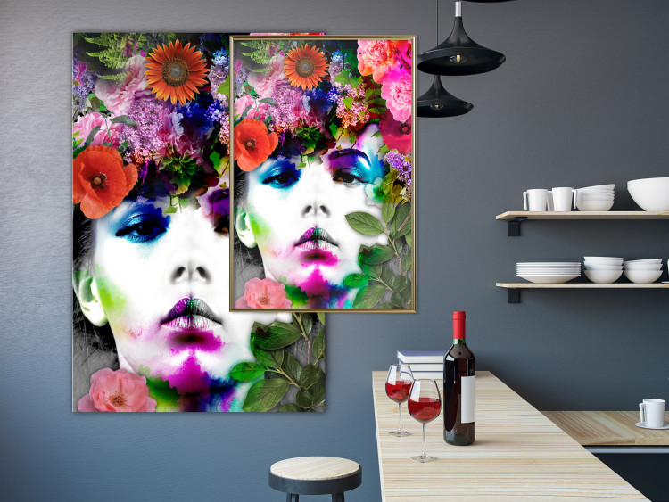 Wall Poster May - gray portrait of a female face surrounded by colorful flowers 122312 additionalImage 5