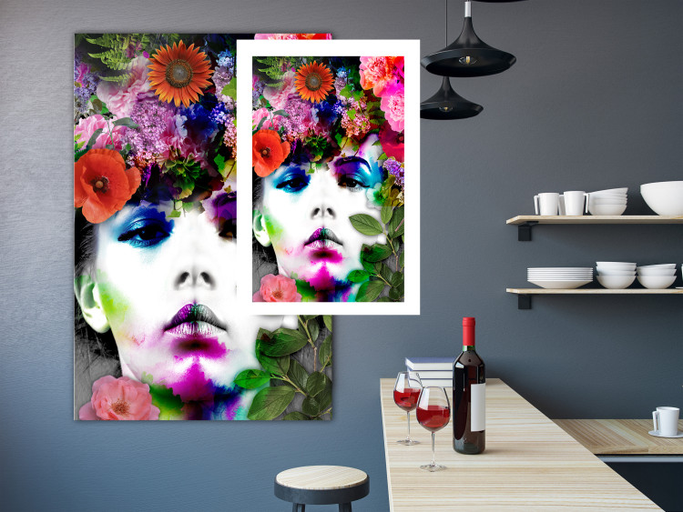 Wall Poster May - gray portrait of a female face surrounded by colorful flowers 122312 additionalImage 2