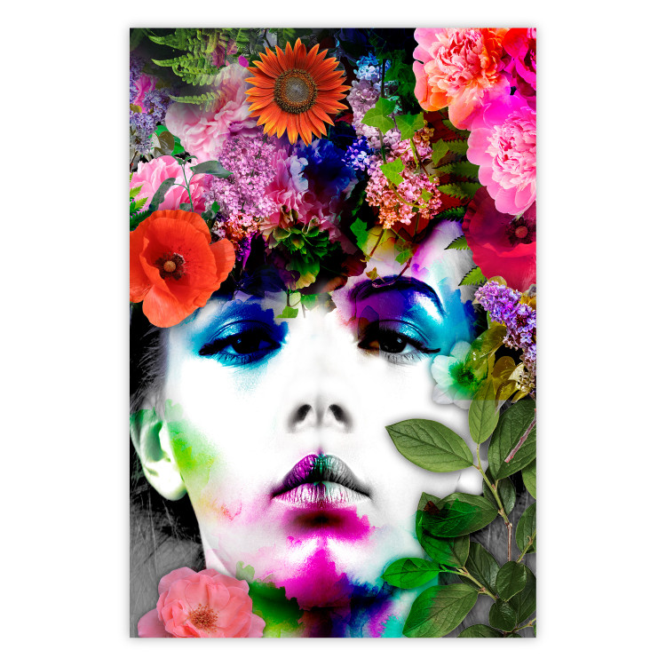 Wall Poster May - gray portrait of a female face surrounded by colorful flowers 122312