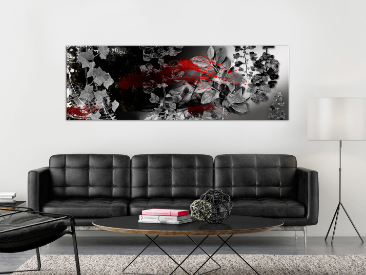 Canvas Grey leaves on black wall - abstraction with a red accent 127112 additionalImage 3