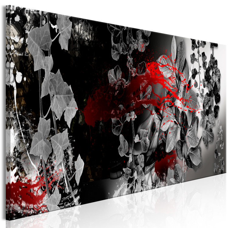 Canvas Grey leaves on black wall - abstraction with a red accent 127112 additionalImage 2