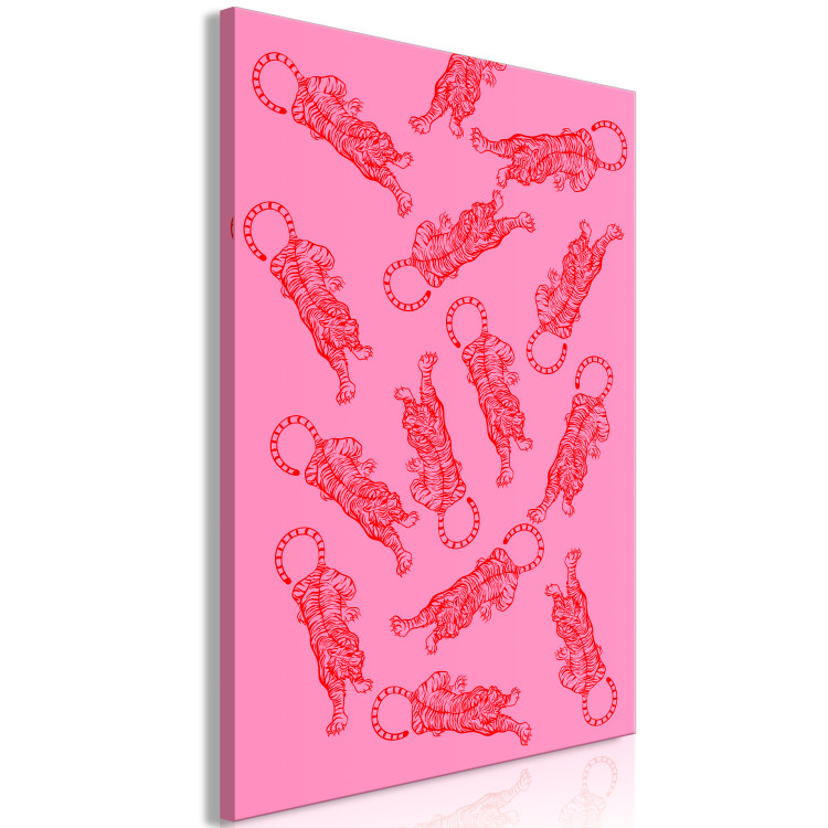 Canvas Print Dancing Tigers (1-piece) Vertical - wild cats on a pink background 142612 additionalImage 2