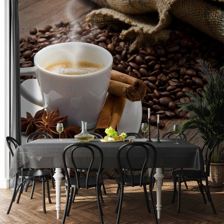 Wall Mural Coffee - grains scattered near cup on wooden background for kitchen 60212 additionalImage 4