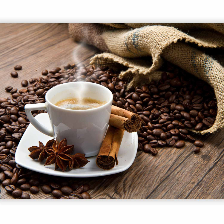 Wall Mural Coffee - grains scattered near cup on wooden background for kitchen 60212 additionalImage 1
