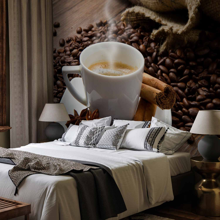 Wall Mural Coffee - grains scattered near cup on wooden background for kitchen 60212 additionalImage 2