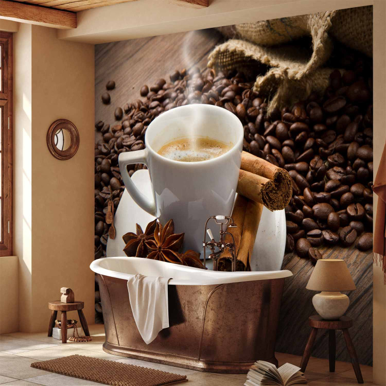 Wall Mural Coffee - grains scattered near cup on wooden background for kitchen 60212 additionalImage 8