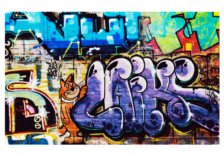 Photo Wallpaper Graffiti Wall - Street Art Mural with a Red Cat and Colorful Inscriptions 60612 additionalImage 1