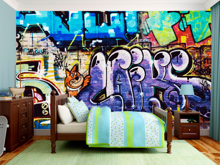 Photo Wallpaper Graffiti Wall - Street Art Mural with a Red Cat and Colorful Inscriptions 60612