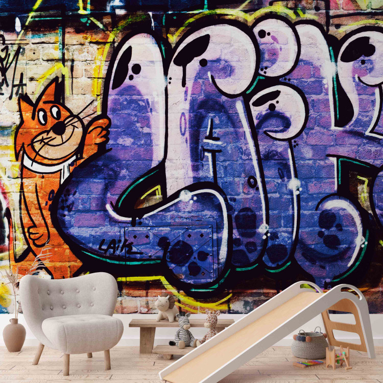 Photo Wallpaper Graffiti Wall - Street Art Mural with a Red Cat and Colorful Inscriptions 60612 additionalImage 6