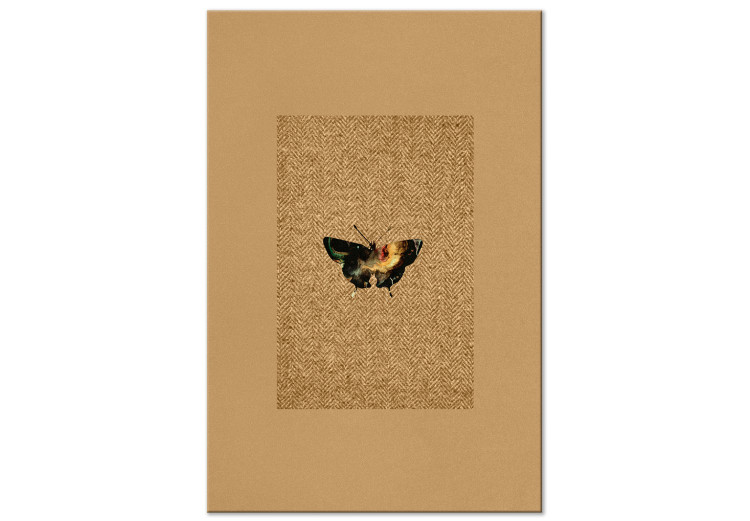 Canvas Butterfly with a clarera - black and yellow butterfly on a natural herringbone material in a brown frame 118122