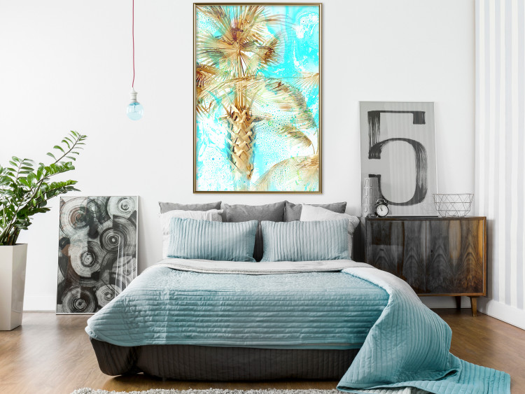 Poster Forbidden Paradise - tropical blue landscape with golden palm trees 131822 additionalImage 5