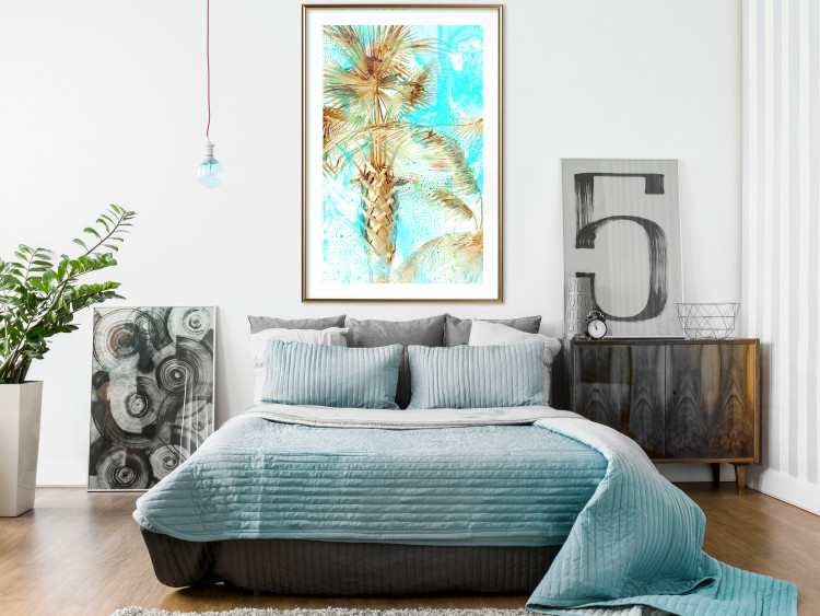Poster Forbidden Paradise - tropical blue landscape with golden palm trees 131822 additionalImage 13