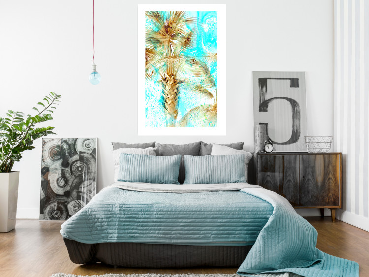 Poster Forbidden Paradise - tropical blue landscape with golden palm trees 131822 additionalImage 3