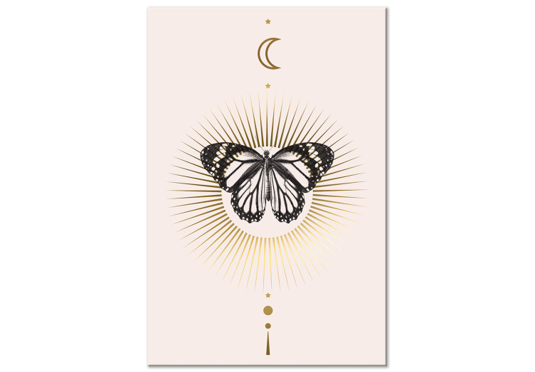 Canvas Art Print Black and white butterfly on the background of the sun - composition with the moon, sun and planets of the Solar System on a scandiboho background 136522