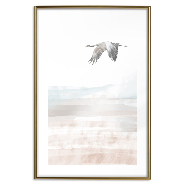 Poster Crane Flight - landscape of a bird flying against a white sky in a watercolor motif 137922 additionalImage 12