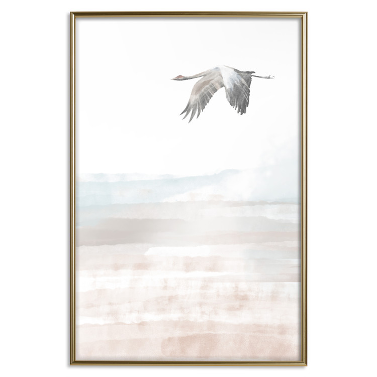 Poster Crane Flight - landscape of a bird flying against a white sky in a watercolor motif 137922 additionalImage 2