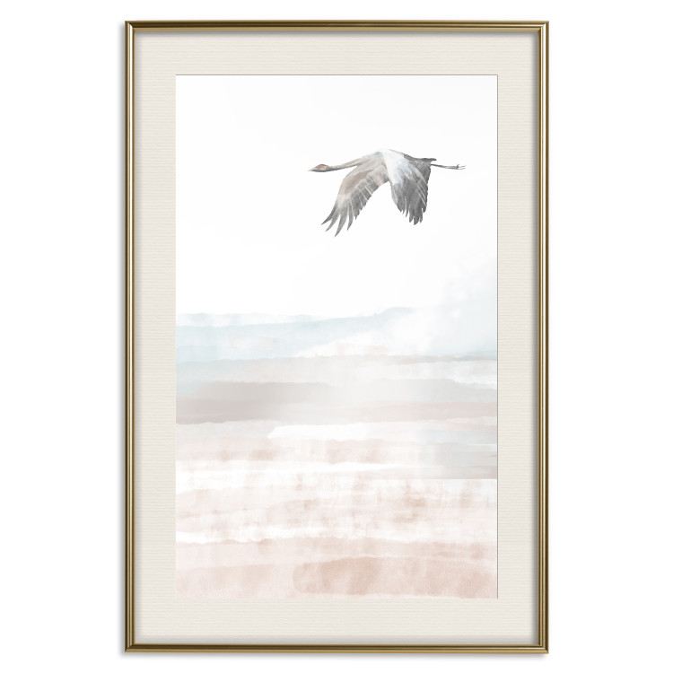 Poster Crane Flight - landscape of a bird flying against a white sky in a watercolor motif 137922 additionalImage 17